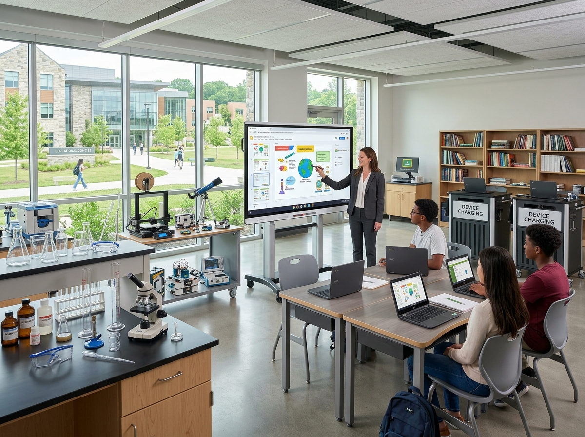 Modern smart classroom, student laptops, interactive board and laboratory equipment